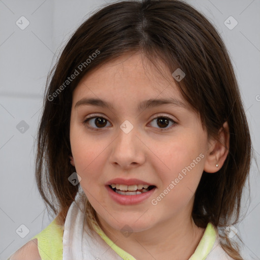 Joyful white child female with medium  brown hair and brown eyes