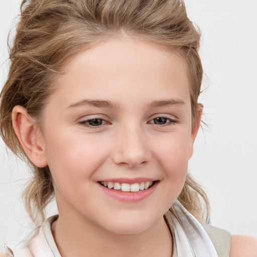 Joyful white child female with medium  brown hair and blue eyes