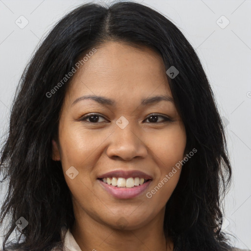 Joyful asian young-adult female with long  brown hair and brown eyes