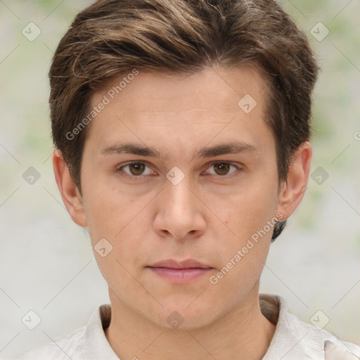 Neutral white young-adult male with short  brown hair and brown eyes