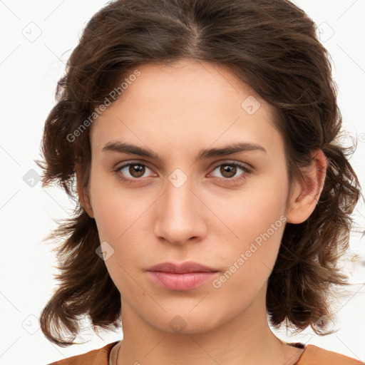 Neutral white young-adult female with medium  brown hair and brown eyes