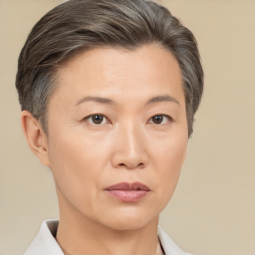Neutral white adult female with short  brown hair and brown eyes