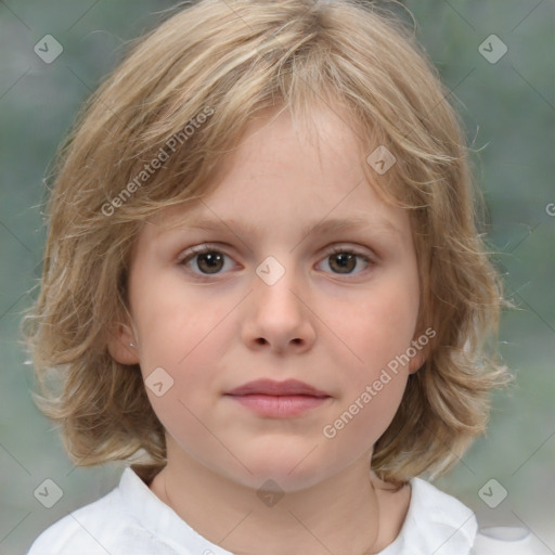 Neutral white child female with medium  brown hair and grey eyes