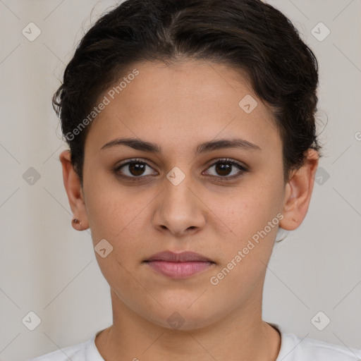 Neutral white young-adult female with short  brown hair and brown eyes