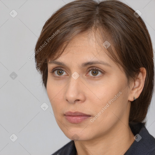 Neutral white young-adult female with medium  brown hair and brown eyes