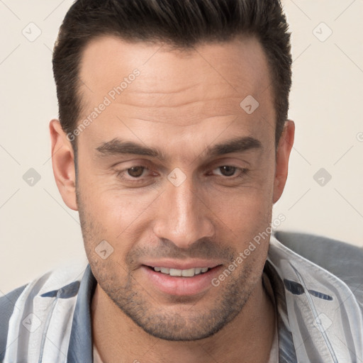 Joyful white young-adult male with short  brown hair and brown eyes