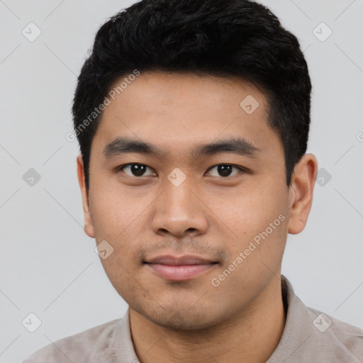 Neutral asian young-adult male with short  black hair and brown eyes