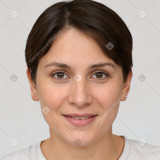 Joyful white young-adult female with short  brown hair and brown eyes