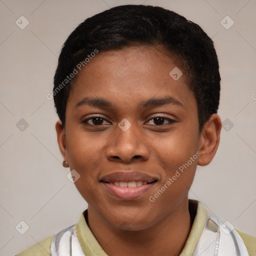 Joyful latino young-adult female with short  black hair and brown eyes