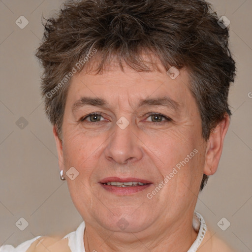 Joyful white middle-aged male with short  brown hair and brown eyes