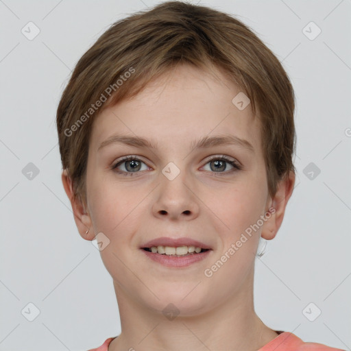 Joyful white young-adult female with short  brown hair and grey eyes