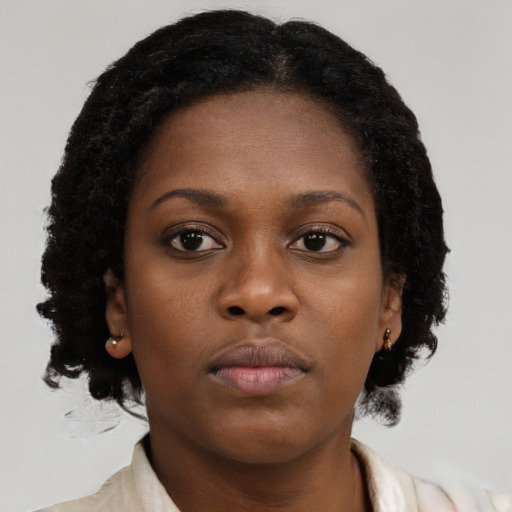 Neutral black young-adult female with medium  brown hair and brown eyes