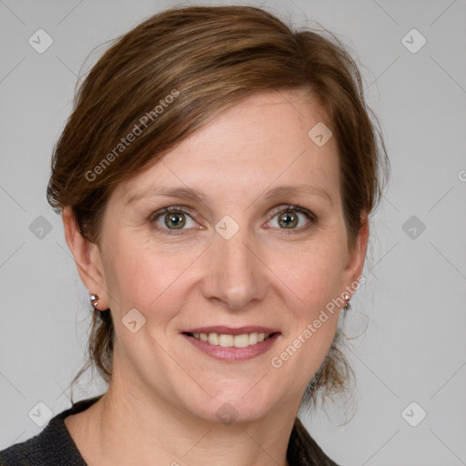 Joyful white young-adult female with medium  brown hair and blue eyes