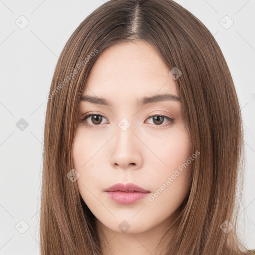 Neutral white young-adult female with long  brown hair and brown eyes