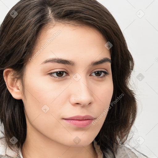 Neutral white young-adult female with medium  brown hair and brown eyes