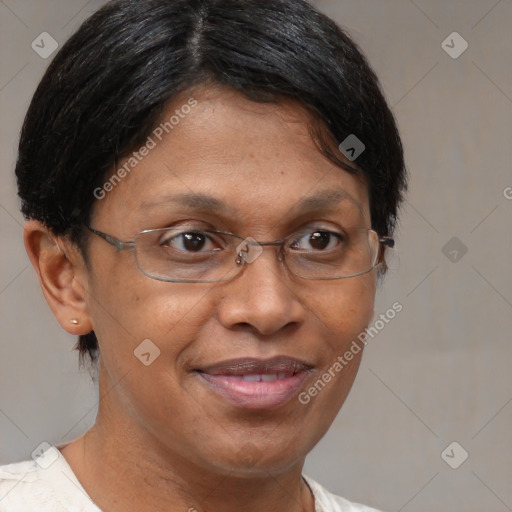 Joyful white adult female with short  brown hair and brown eyes