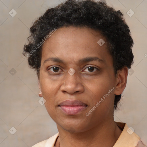 Neutral black adult female with short  brown hair and brown eyes