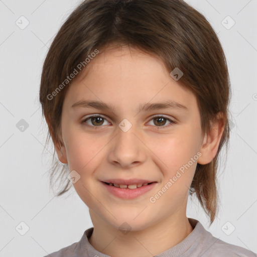 Joyful white child female with medium  brown hair and brown eyes