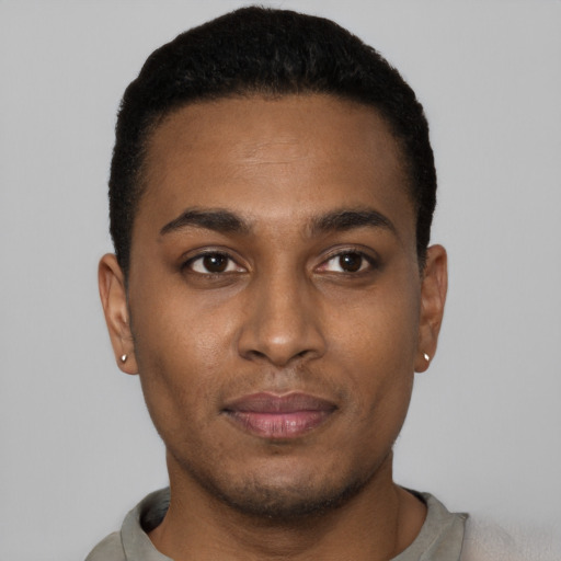 Neutral black young-adult male with short  black hair and brown eyes