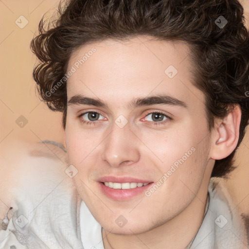 Joyful white young-adult male with medium  brown hair and brown eyes