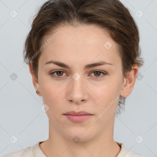 Neutral white young-adult female with short  brown hair and brown eyes