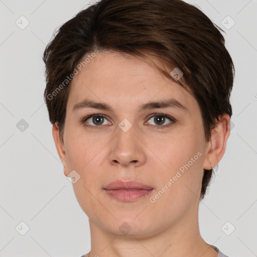 Neutral white young-adult female with short  brown hair and brown eyes