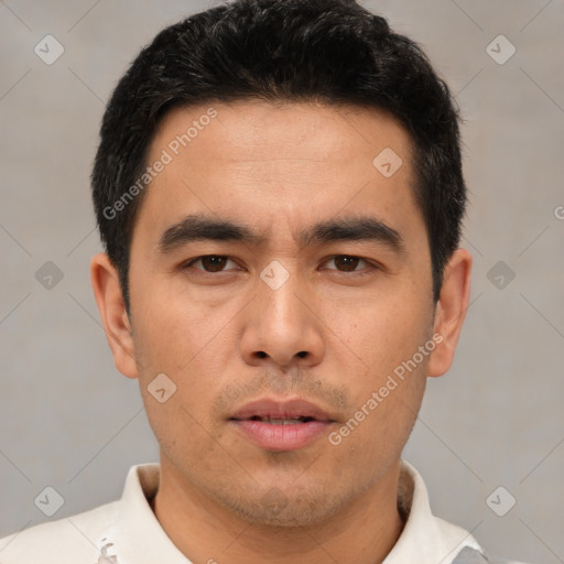 Neutral asian young-adult male with short  brown hair and brown eyes