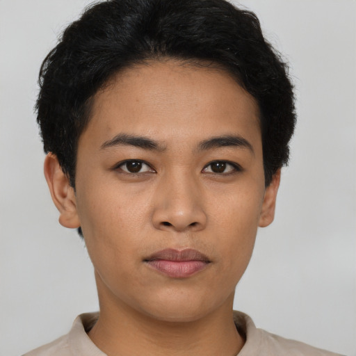 Neutral asian young-adult female with short  black hair and brown eyes