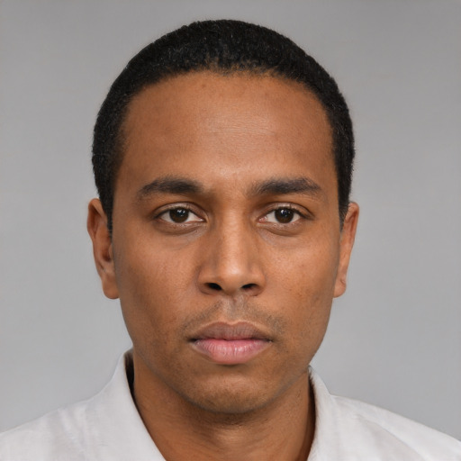 Neutral black young-adult male with short  black hair and brown eyes