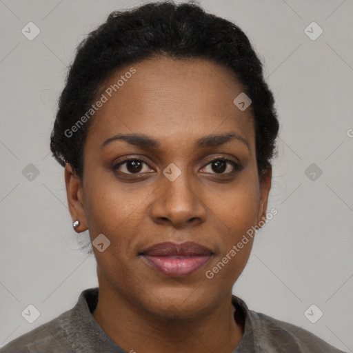 Joyful black young-adult female with short  black hair and brown eyes