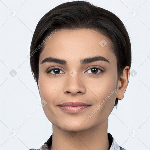 Joyful white young-adult female with medium  black hair and brown eyes