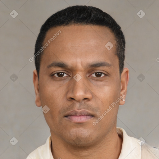 Neutral latino young-adult male with short  black hair and brown eyes