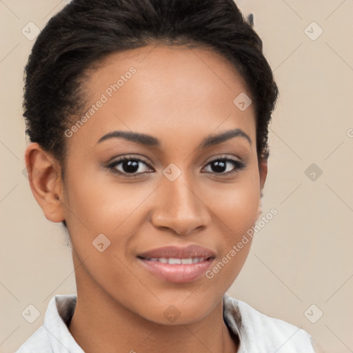 Joyful latino young-adult female with short  brown hair and brown eyes