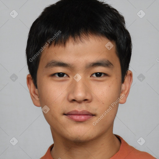 Neutral asian young-adult male with short  brown hair and brown eyes