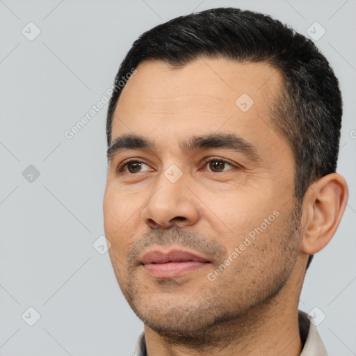 Neutral latino young-adult male with short  black hair and brown eyes