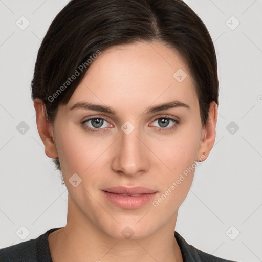 Neutral white young-adult female with short  brown hair and brown eyes