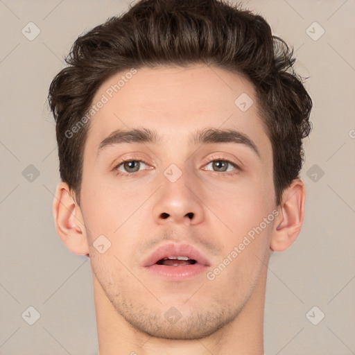 Neutral white young-adult male with short  brown hair and brown eyes