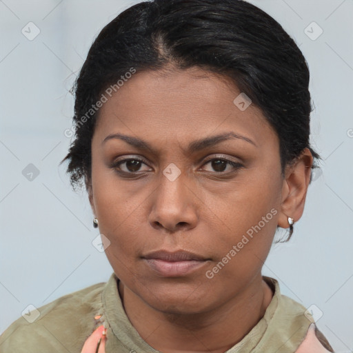 Neutral asian young-adult female with short  brown hair and brown eyes