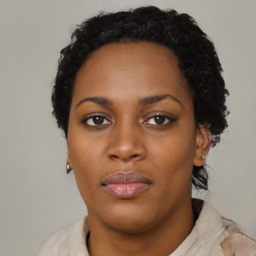 Neutral black young-adult female with short  black hair and brown eyes