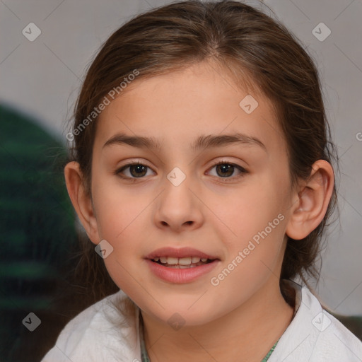 Joyful white child female with medium  brown hair and brown eyes