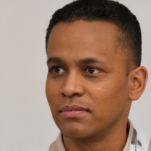 Neutral black young-adult male with short  black hair and brown eyes