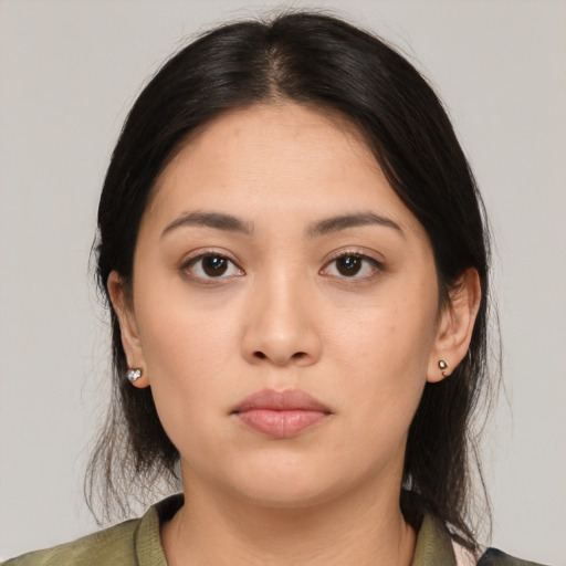 Neutral asian young-adult female with medium  black hair and brown eyes