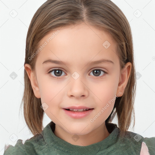 Joyful white child female with medium  brown hair and brown eyes