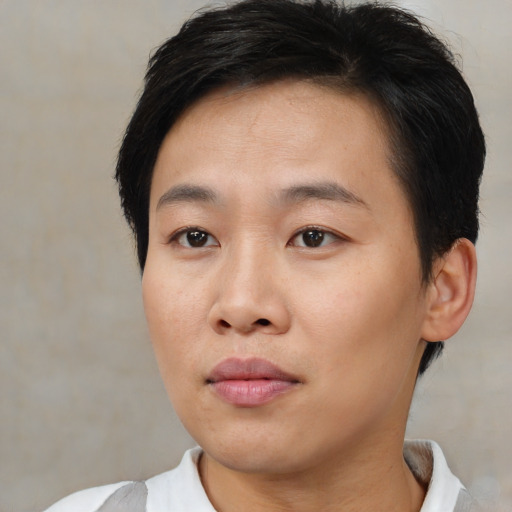 Neutral asian young-adult female with short  brown hair and brown eyes