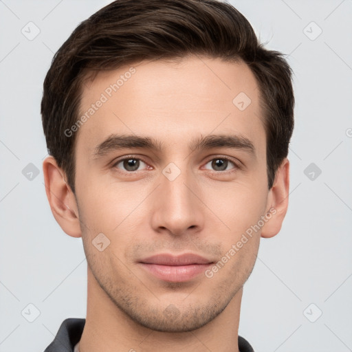 Neutral white young-adult male with short  brown hair and brown eyes