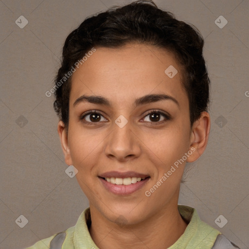 Joyful white young-adult female with short  brown hair and brown eyes