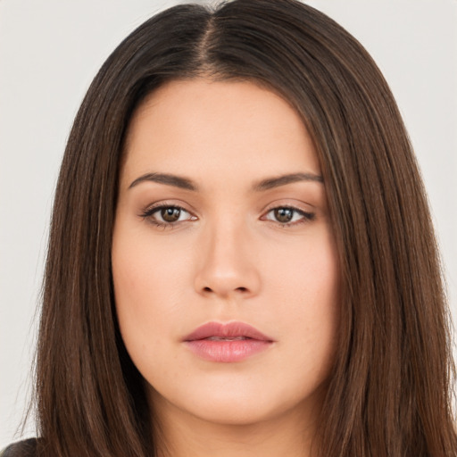 Neutral asian young-adult female with long  brown hair and brown eyes