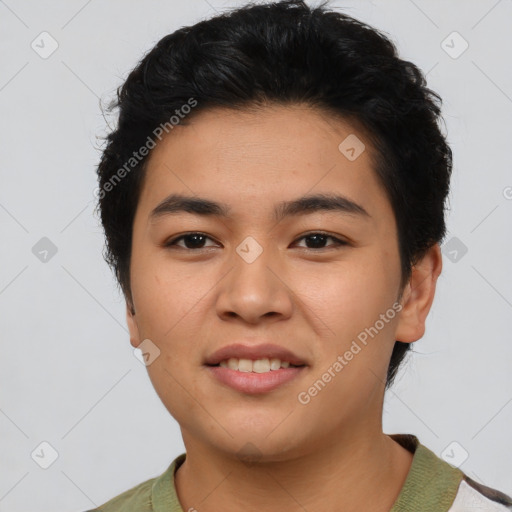 Joyful asian young-adult female with short  black hair and brown eyes