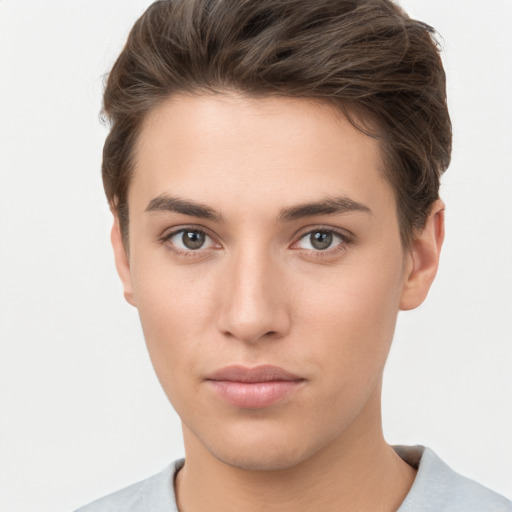 Neutral white young-adult female with short  brown hair and brown eyes