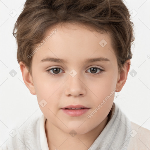 Joyful white child female with short  brown hair and brown eyes